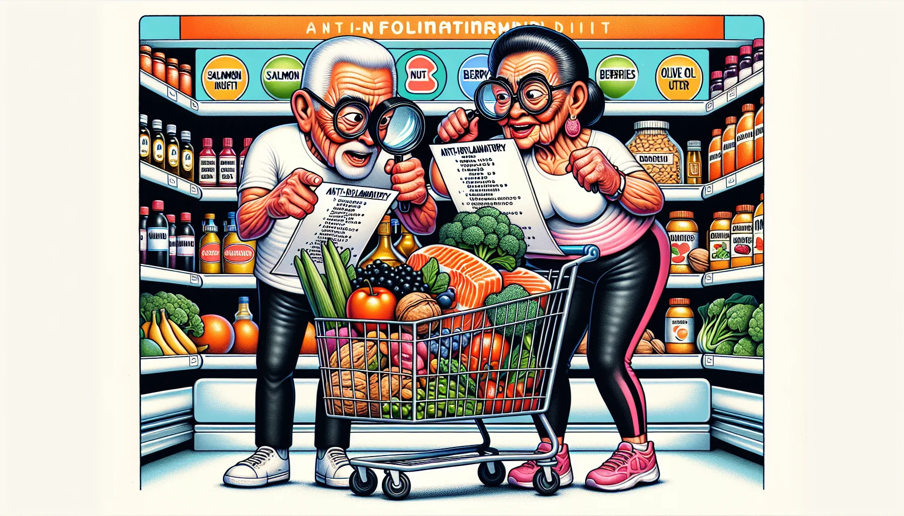 Generate an amusing, real-world illustration that highlights an anti-inflammatory diet shopping list. Imagine a scene at a bustling grocery store where two elderly individuals, one Hispanic man and one South Asian woman, are meticulously examining their diet shopping lists. They're both filled with enthusiasm and playfully using oversized magnifying glasses to read their list. Each item on their shopping list - salmon, nuts, berries, broccoli, and olive oil - are adorned with funny faces and caricatured as if in a comic strip. Their shopping cart is overflowing with fruits and vegetables, wearing gym gear and lifting mini weights, signifying their healthy properties.