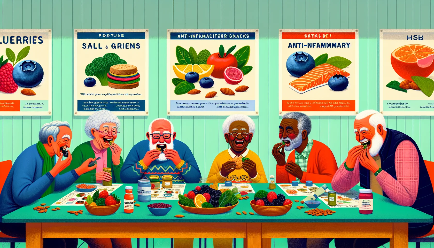Illustrate a humorous scene in a community center for seniors. In the middle of their afternoon activities, a group of four lively seniors of diverse descents - Black, Hispanic, Caucasian and South Asian - are engrossed in a sort-of competition. They're all humorously munching on an array of colorful, anti-inflammatory snacks spread over the table: blueberries, salmon, leafy greens, almonds etc. Their expressions are exaggerated, showing the fierceness of their 'snack-off', yet their eyes sparkle with fun & camaraderie. Dotted around the room are posters promoting healthy diets with captions full of puns and humor.