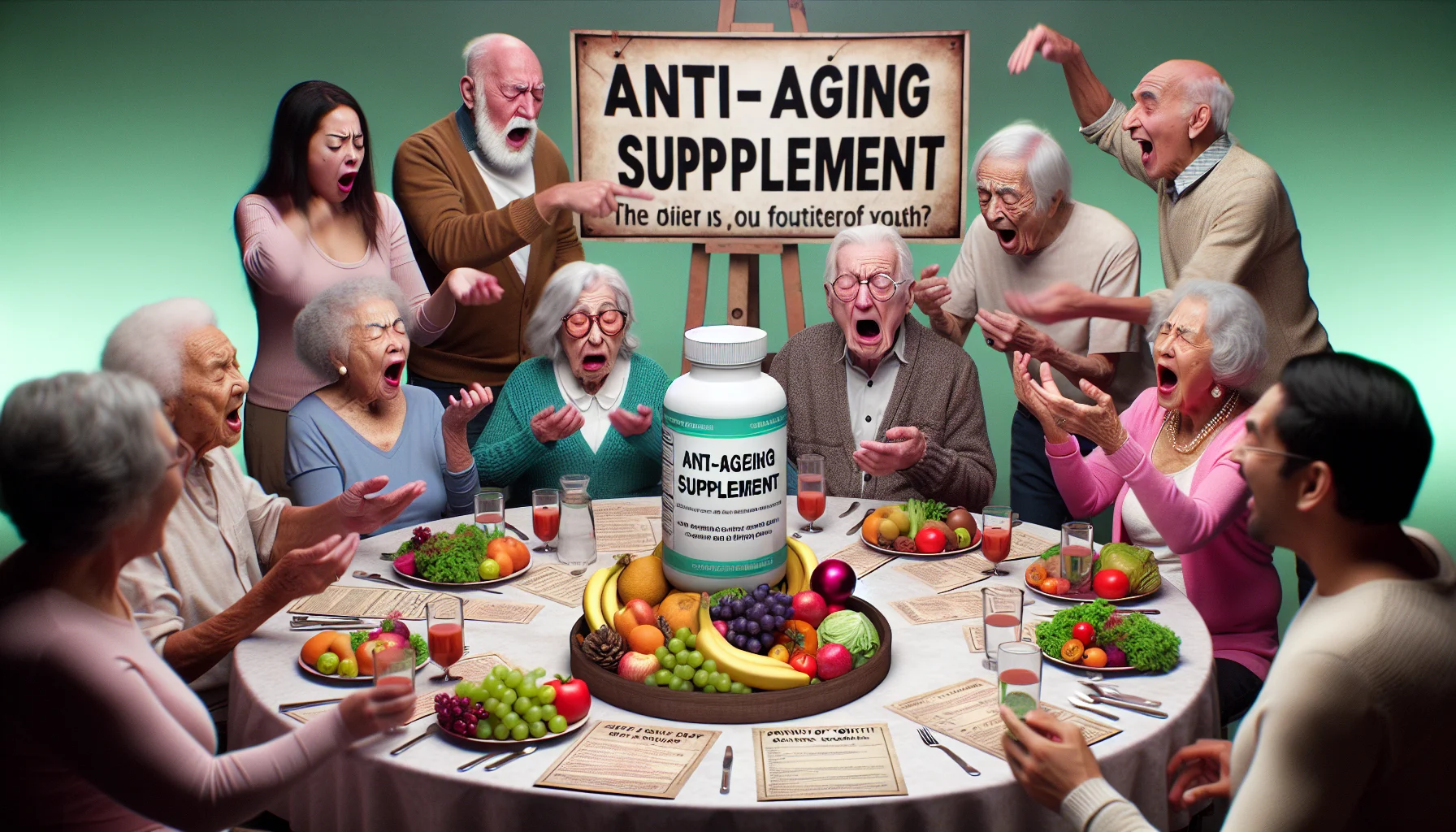 Generate a humorous and realistic image that visualizes the idea of anti-aging supplements with an emphasis on elders, diets and healthy eating. Imagine an animated scene where a group of elderly people of various descents, including a Caucasian man, a Hispanic woman, a Black man, a Middle-Eastern woman, a South Asian man, and a White woman. All are sitting around a circular table, laughingly trying to decipher the 'fountain of youth' from a bottle labeled 'Anti-Ageing Supplement'. Their table is filled with a healthy and vibrant array of fruits, vegetables, whole grains, and lean proteins. The baffling instruction manual and their humorous attempts to understand it adds to the comedic nature of the image.