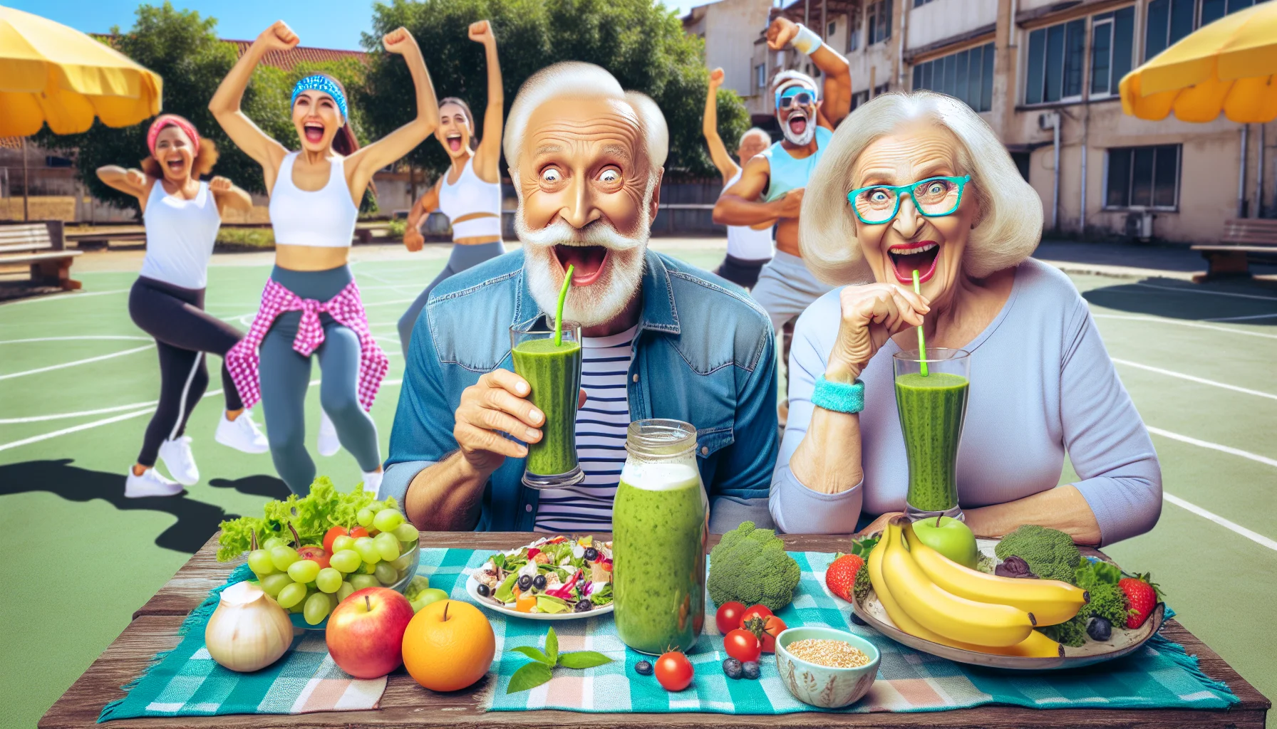 Create a humorously realistic image which showcases an energetic scene among elderly individuals. In this scene, a Caucasian male and a Hispanic female, who appear to be in their 70s, are sipping on green smoothies, their faces lighting up with newfound vitality. Their table is laden with various healthy foods like fruits, salads, and whole grains. In the background, a Middle-Eastern fitness instructor is leading a high-energy Zumba class of other energetic seniors, clearly amused. The overall scene is set in a sunny outdoor park, with blue skies enhancing the vibrant, energetic atmosphere.