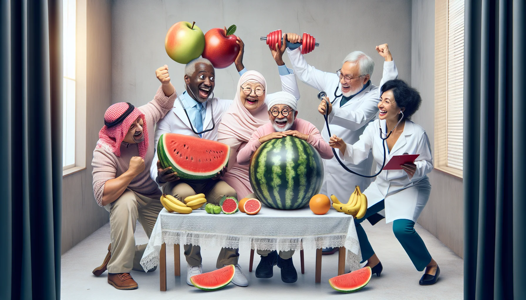 Portray a humorous scene in a realistic style where a group of elderly individuals of various descents -- a South Asian man, a Middle-Eastern woman, a Hispanic man and a Black woman -- are participating in a 'fruit energy challenge'. They are all seated around a table filled with different types of fruit. The South Asian man is cheerfully attempting to lift a barbell made out of two giant apples, as a symbol for energy. On the other hand, the Middle-Eastern woman is trying to balance a bunch of bananas on her head, illustrating the balance a good diet can bring. The Hispanic man, showcasing the health aspect, is doctor-like, playfully auscultating a large watermelon with a stethoscope. Lastly, the Black woman is energetically dancing around with a pair of grapefruit pom-poms.