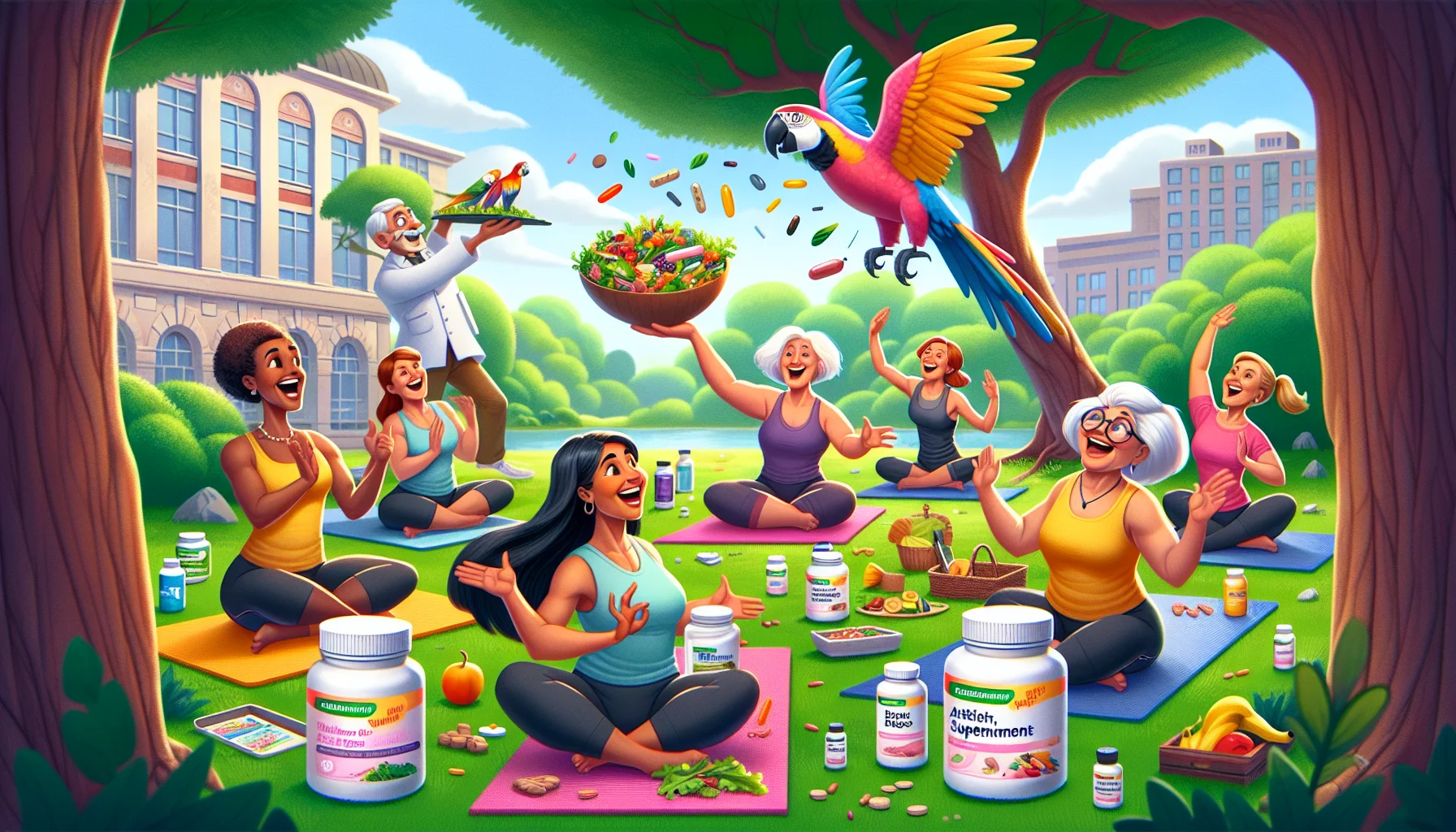Imagine a whimsical yet realistic scenario set in a vibrant park. A group of active Caucasian, Black, Hispanic, South Asian, and Middle-Eastern women in their 50s are joyfully participating in an outdoor yoga session. On their yoga mats, there are various bottles of supplements labeled 'Best for Women Over 50'. In the background, an enthusiastic nutritionist is making a large salad nearby, gesturing with excitement about the benefits of leafy greens and fresh fruits. A pet parrot on a tree branch overhead mimics the nutritionist's words with a comedic flair, causing everyone to burst into laughter.