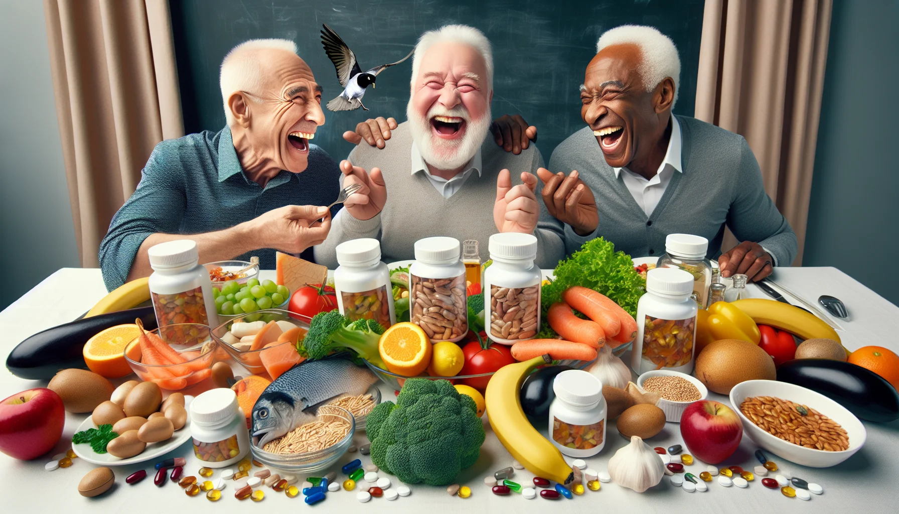 Create a humorous yet realistic image of three older men, each of different descents - Caucasian, Black, and Hispanic, enjoying a hearty laugher together. They are gathered around a dinner table filled with assorted healthy food items such as vegetables, fruits, grains, and fish. Around these food items, creatively placed are transparent pill bottles with large, caps-lock labels claiming to be 'BEST SUPPLEMENTS FOR MEN OVER 50'. Also incorporate funny elements associated with old age, like a misplaced set of dentures on the table, a misplaced reading glasses, or a playful pet bird trying to fly off with a supplement bottle cap.