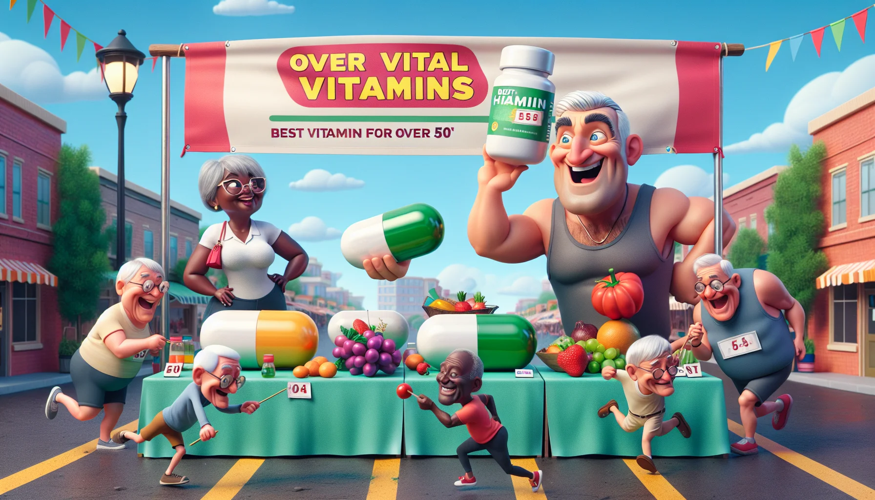 A humorous scene takes place in a vibrant farmer's market. An elderly Caucasian man in a cheerful demeanor stands behind a market stall named 'Over 50's Vital Vitamins'. He is proudly showcasing oversized, cartoonish vitamin pills labeled 'Best Vitamin for Men Over 50'. Nearby, a group of animated seniors, including a Black woman, a Hispanic man, and an Asian woman, are enthusiastically participating in an 'eating healthy' race. They're balancing a variety of colorful fruits and vegetables on spoons in their mouths, vying to reach a finish line drawn near the vitamin stall.