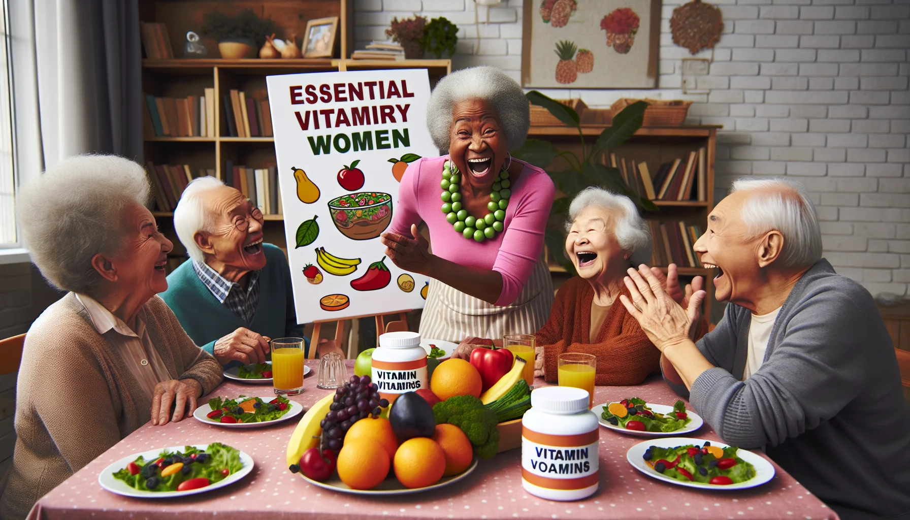 Create a humoristic and real-life based image showcasing essential vitamins for elderly women. Envision an engaging scene set in a lively community cookbook club that caters to seniors. Picture an African elderly woman animatedly explaining a recipe for a vitamin-rich salad to her intrigued onlookers: an Asian elderly man and a Caucasian elderly woman. The room is filled with plates of vibrant, colourful fruits and vegetables, vitamin bottles shaped like different fruits, and health-conscious cookbooks specifically targeting the dietary needs of seniors. Everyone in the room are releasing hearty laughter, turning an otherwise mundane topic into a fun social gathering.