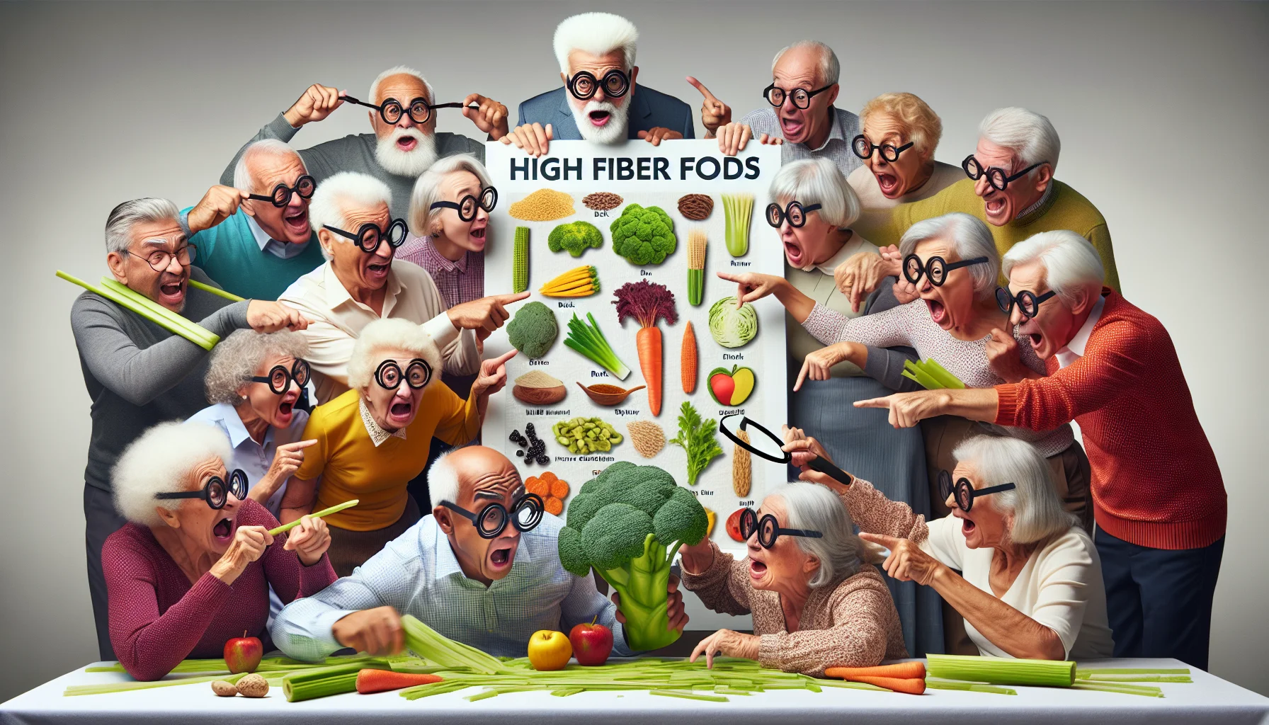 A humorous, yet realistic image showing a group of senior citizens, of various descents such as Caucasian, Hispanic, Black, Middle-Eastern, and South Asian all gathered around a large chart displaying high fiber foods. They are eagerly pointing and laughing at the chart. One senior gentleman seems to have brought a magnifying glass to read the fine print, while a lady nearby is comically attempting to chew on a raw broccoli. Some seniors are playfully fighting over a huge celery stick, and others are wearing glasses with frames made of carrots for fun, all exemplifying the benefits of a healthy, fiber-rich diet.