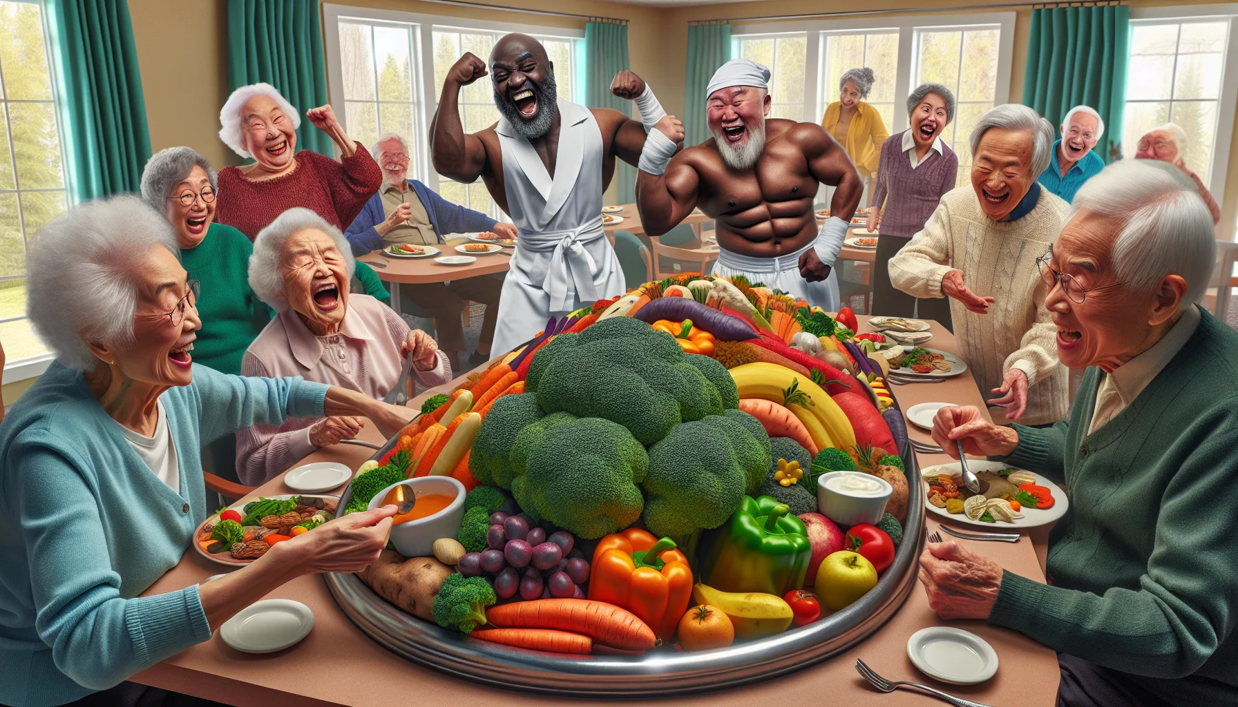 Imagine a hilarious realistic image set in a cozy retirement community's dining room. Several playful elderly individuals, a mix of Asian, Black, Caucasian, and Hispanic men and women, are marvelling at a buffet table packed with a rainbow of anti-inflammatory foods. One lady in particular, a cheerful Middle-Eastern woman, is mock-wrestling with a giant broccoli, while a Caucasian man humorously poses as if he's performing a ballad for a sweet potato. In the background, a South Asian man is chuckling while reading a 'Detox Diets for Seniors' book. The scene is filled with laughter, lively colors, and the freshness of healthy food.
