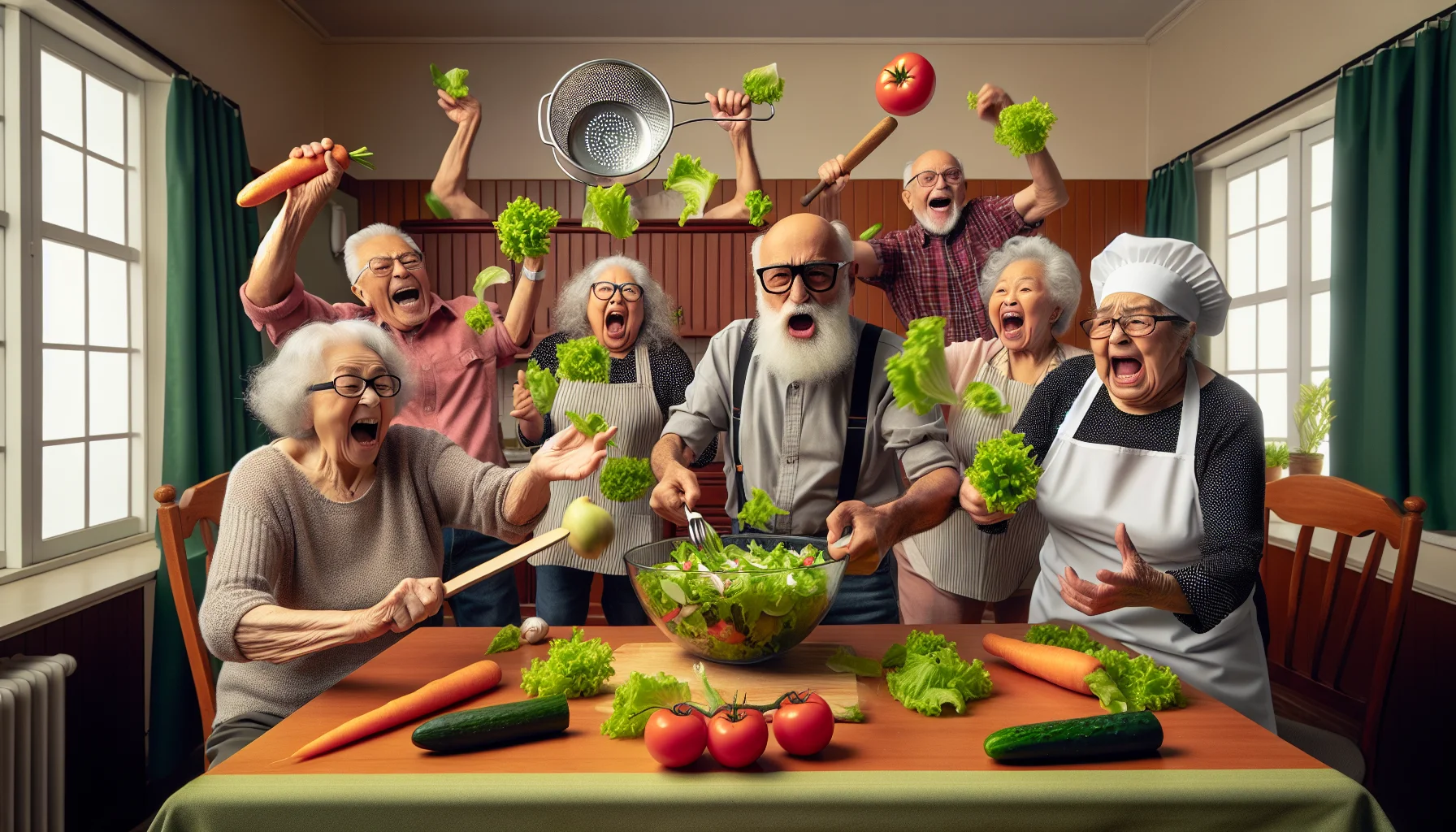 Create a humorous, realistic image that showcases a heart-healthy diet suitable for seniors with diabetes. Envision a scene in a retirement home where a lively group of old friends are engaged in a playful 'salad making competition'. Imagine they've turned the activity into a joyous mess with lettuce flying everywhere, with each participant holding a vegetable like a weapon. The participants include a Middle-Eastern old man humorously using a cucumber as a sword, a Black elderly woman donning a colander as a helmet, a Hispanic grandmother wielding a carrot like a maestro's baton, and a White aged gentleman wearing glasses, trying to seize a tomato like a cricket ball.