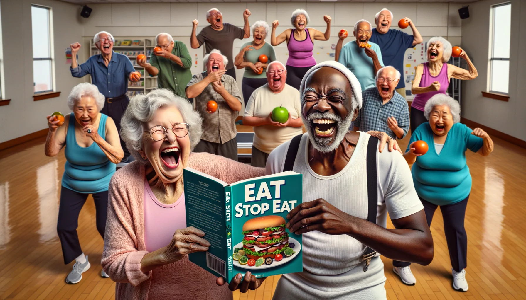Create a comical scene set in a bustling seniors community center. The focus of the image is the 'eat stop eat' book. Visualize an elderly Caucasian woman and a Black man, both in fitness attire, hysterically laughing while holding up the book and teasing each other about their diet plans. Behind them, a group of diverse seniors - some Hispanic, Middle-Eastern, and South Asian - are engaged in light-hearted antics, such as pretending to snatch food from each other. The room is filled with joy, laughter, and a slight hint of mischief as the seniors share a moment of fun around the diet book.