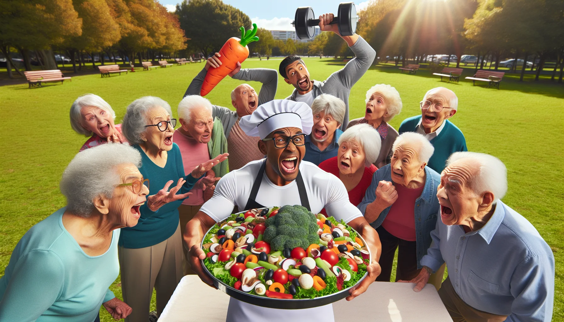 Imagine a hilarious and lifelike scenario playing out at a lively senior citizen gathering in a spacious, sunlit park. A group of elderly individuals of diverse descents like Hispanic, Caucasian, Black, South Asian, and Middle-Eastern are energetically involved in a passionate discussion about their diets. A fit South Asian male in a chef's hat dramatically presents a tray of colorful, crunchy, clean food labelled 'Super Salad', evoking an array of exaggerated expressions of delight and horror. A Caucasian female with glasses humorously inspects a broccoli with a magnifying glass. A Black male athlete senior is laughingly trying to lift a giant carrot as if it's a dumbbell.