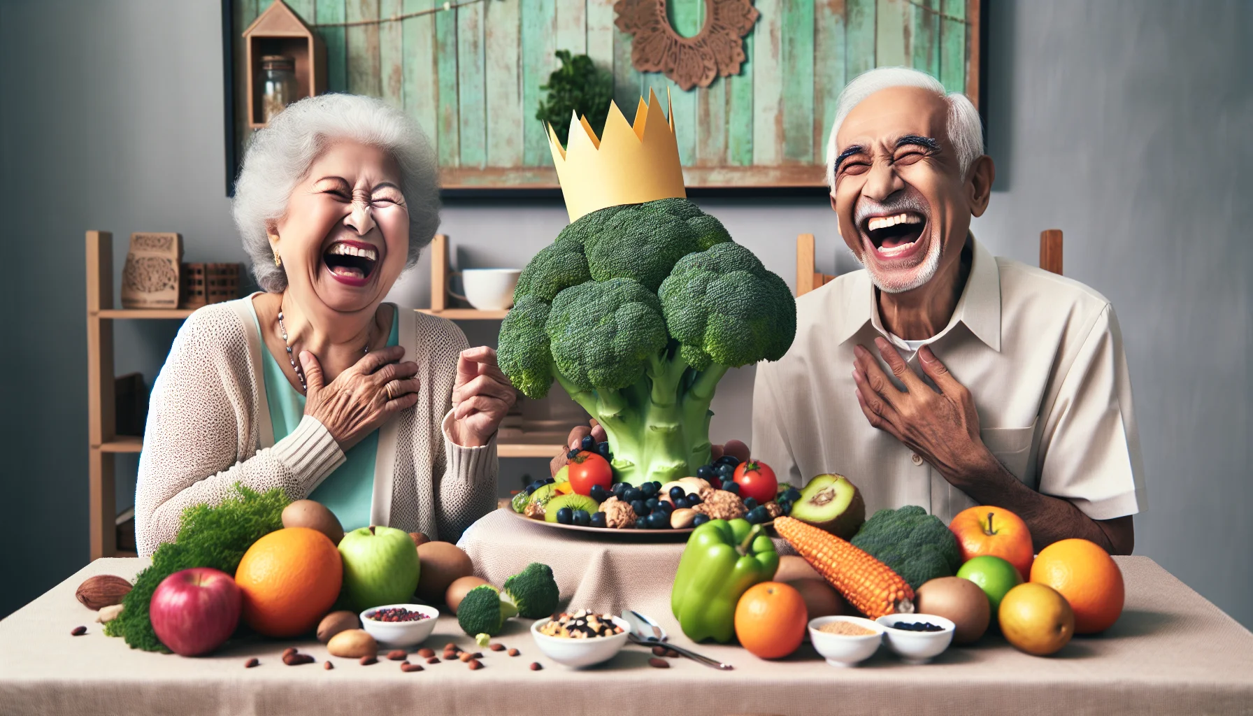 Generate an image that showcases a humorous culinary setting for senior citizens. In this scenario, two elderly individuals, one of South Asian descent and the other of Hispanic descent, laughing heartily are sitting at a table laden with an array of colorful fruits, vegetables, and whole grains, signifying healthy eating options. They are bemusedly looking at an oversized broccoli that is standing tall on a pedestal on the table, adorned with paper 'crown', to signify the concept of 'Superfood'. The backdrop is a light-hearted, welcoming atmosphere, emphasising the joyous aspects of implementing a healthy diet during the golden years.