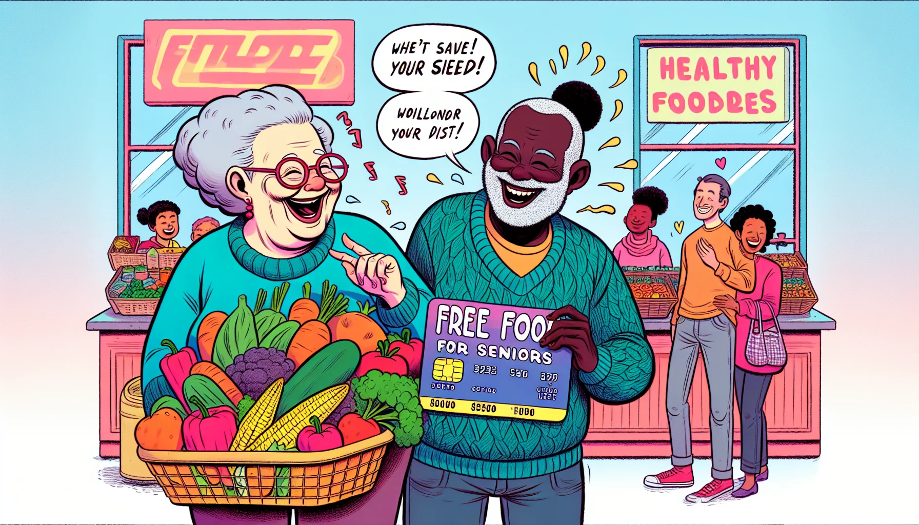 Imagine a vividly colored comic strip where two elderly individuals, one Caucasian woman and one Black man, are holding an oversized 'Free Food Card for Seniors'. They're laughing heartily, while standing in front of a large pile of vegetables and fruits that they've acquired. Their other hand is sneakily tucked behind their backs, concealing forbidden treats like chocolates and cookies. The backdrop is a friendly neighborhood supermarket, bustling with diverse people who look curious and amused. Puns about healthy eating and getting old are sprinkled throughout the scene.
