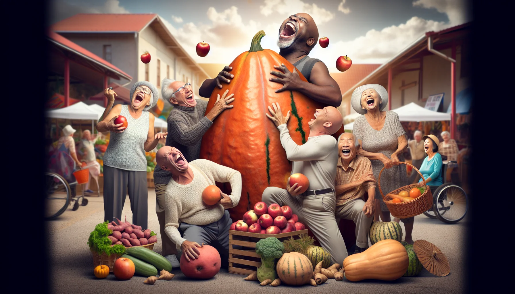Create an amusing, photorealistic image of an eccentric senior citizen's weekly farmers market. This market is free for seniors! We see a Caucasian elderly woman joyfully doubles a giant leak as a stick, while an African elderly man tries to balance a pyramid of apples on his bald head, laughing heartily. A group of Hispanic old friends nearby are busy comparing the size of their sweet potatoes, everyone roaring with laughter. In the background, an Asian elderly couple is carrying a giant pumpkin together, a testament of their teamwork and shared love for healthy living.
