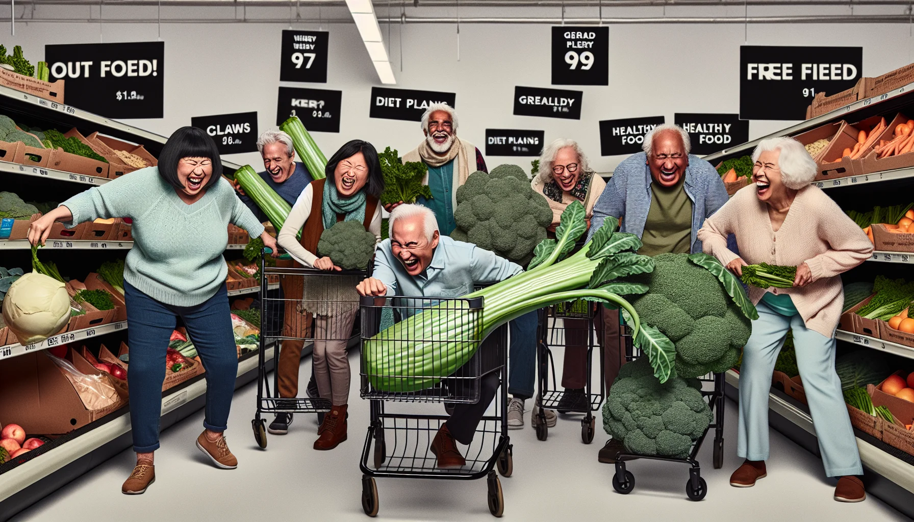 Generate a humorous, realistic image showing a diverse group of senior citizens at the free grocery store. Each individual is Caucasian, Black, Asian and Hispanic, both genders are present. They're all laughing and struggling to navigate the aisles laden with healthy food products. In one corner, a Middle-Eastern woman is having an amusing duel with a gigantic celery stick. In another, a Caucasian man chuckles as he attempts to balance a stack of kale on his walker. In the background, an Asian woman and a Black man are laughing while comparing sizes of broccoli heads. Add some nearby signs that suggest diet plans and health tips.