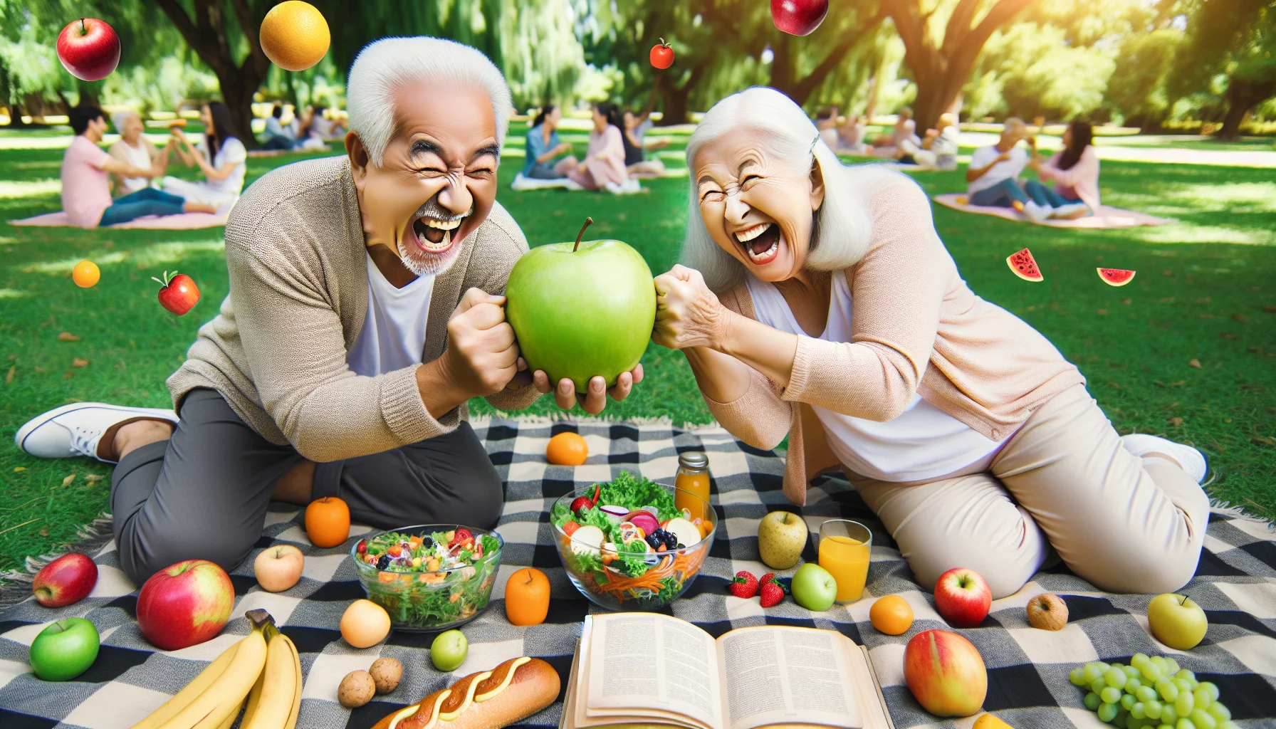 Picture this amusing yet relatable scenario: An Asian elderly man and a Caucasian elderly woman are in a lively park having a picnic. They are seemingly having an animated tug-of-war match over a large, ripe apple, both laughing heartily with their eyes twinkling. Various fruits, vegetables, and healthy snacks are scattered everywhere around them, some even floating above their heads as if in motion. There's an open book titled 'Diets for the Golden Years' lying on the picnic blanket beside a colorful salad. Their energetic expressions and vitality are infectious, showcasing that fruits and age are no barriers to health and energy.