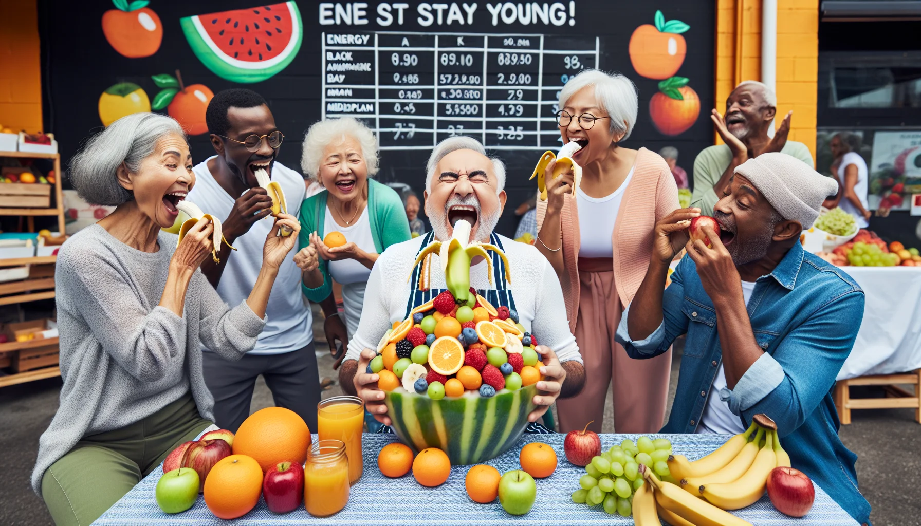Create a humorous image of a vibrant farmer's market filled with energy-boosting fruits like bananas, oranges, and apples. Make it a lively place with elderly people of diverse descents including Black, Hispanic, and Middle Eastern, enjoying the experience. There's an elderly South Asian man consuming a large fruit salad enthusiastically as a group of Caucasian seniors looking at him amused. They're all participating in a light-hearted fruit diet challenge, with scores updated by a whiteboard. A fruit-themed flyer on the wall reads 'Eat Healthy, Stay Young!'