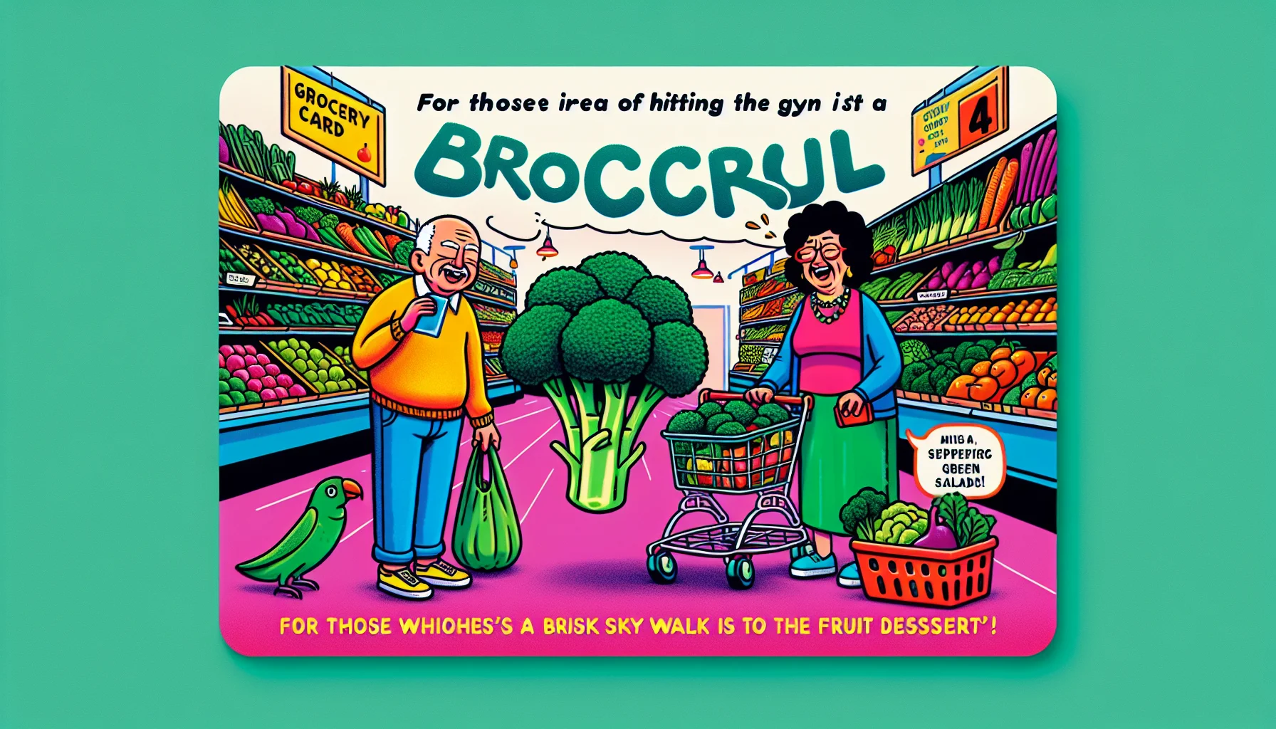 Design an amusing illustration featuring a grocery card intended for seniors. The scene takes place in a vibrant supermarket filled with an assortment of fresh fruits, vegetables and organic produce. The key characters are an elderly East Asian gentleman in colorful casual clothing, misreading the label on a broccoli thinking it's a dessert, and a Middle Eastern aged woman laughing while holding a basket full of green salads. The grocery card itself should be humorously oversized, with a funny tagline: 'For those whose idea of hitting the gym is a brisk walk to the fruit section!'. And perhaps, a confused parrot eyed the broccoli with suspicion.