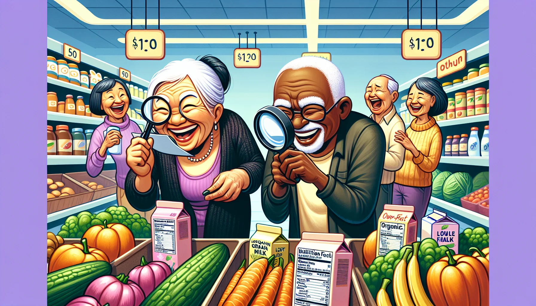 Illustrate a comical scene in a grocery store. An elderly Asian woman, full of life, humorously uses a magnifying glass to scrutinize the nutritional facts on a package of organic vegetables. Meanwhile, a lighthearted African American senior man is struggling to reach for a bottle of low-fat milk on the top shelf, and a Caucasian elderly couple are chuckling as they compare two similar brands of whole grain bread for their diet. They're surrounded by a vibrant array of healthy foods illustrating their active involvement in maintaining a balanced diet.