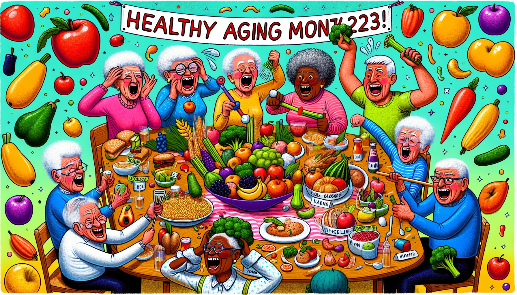 A whimsical, funny illustration for Healthy Aging Month 2023. Depict a multicultural and multi-gendered group of elderly individuals, each of different descents such as Hispanic, Black, South Asian, and Caucasian, engaging in hilariously exaggerated healthful habits. They are seated around a table piled high with colorful fruits, vegetables, and whole grains. One person is trying to balance an apple on their head while laughing, another is playfully fighting off a broccoli with a celery stick like they’re fencing. Add a festive banner that reads 'Healthy Aging Month 2023' in the background. The image should burst with vibrant colors and humorous details.