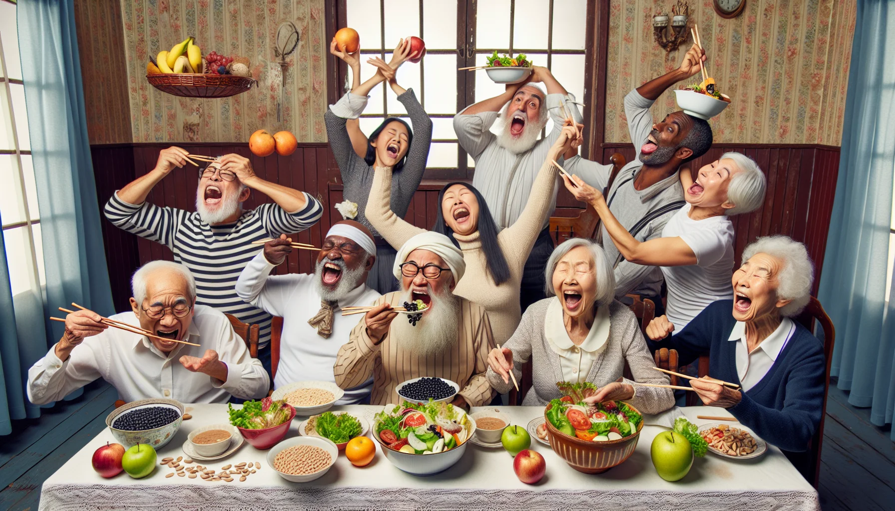 Picture a hilarious scene in an old fashioned dining room filled with elderly individuals from various descents such as Hispanic, Black, Caucasian, and Middle-Eastern. They are all joyously participating in a peculiar 'healthy eating competition'. Their food choices highlight nutrient-rich, high-fiber foods preferred in pregnancy, like fresh fruits, leafy greens, whole grains and legumes. One gentleman, a South Asian man, is earnestly trying to use chopsticks for black beans, causing much amusement. A white woman is balancing an extra-large bowl of salad on her head, and a Black man is wildly juggling apples. Their laughter and cheerful competitiveness fills the air, turning the concept of dieting and healthy eating into a comical, yet insightful event.