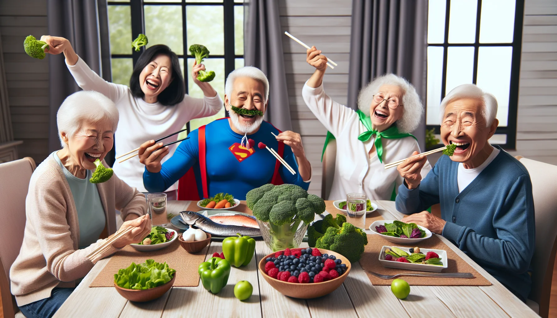 Create an engaging and humorous scene featuring four elderly individuals of different descents: Caucasian, Hispanic, Middle-Eastern, and South Asian. They are sitting around a large dining table in a brightly lit dining room, filled with laughter and light-hearted debates. On the table, they have various healthy foods like berries, green vegetables, whole grains, fatty fish, all known for their anti-inflammatory properties helping to reduce cytokines naturally. One person is trying to use chopsticks to pick up broccoli, another is posing superhero-like while holding a fish. Another is laughing heartily while salad leaves stick out of their mouth, and the last one is balancing a raspberry on their nose.