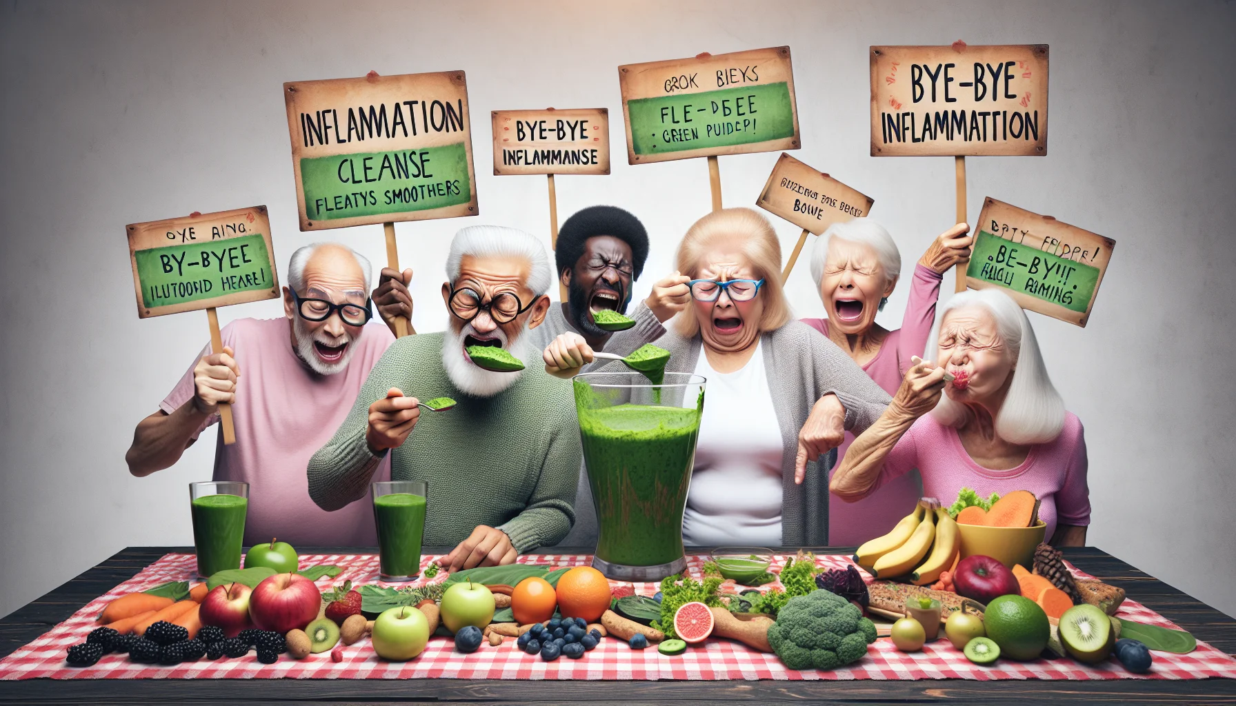 Create a humorous, realistic scene depicting a group of elderly individuals enthusiastically participating in an 'inflammation cleanse' diet. The scene could feature a lively South Asian man humorously struggling to gulp down a green, leafy smoothie with a large spoon, while a Caucasian woman, rosy-cheeked with amusement, is trying to decipher the complex ingredients of a health bar. Another scene could be of a Black woman cheerily arranging a colorful variety of fruits and vegetables, each marked with funny labels like 'bye-bye inflammation'. Incorporate humorous elements around the idea of healthy eating.