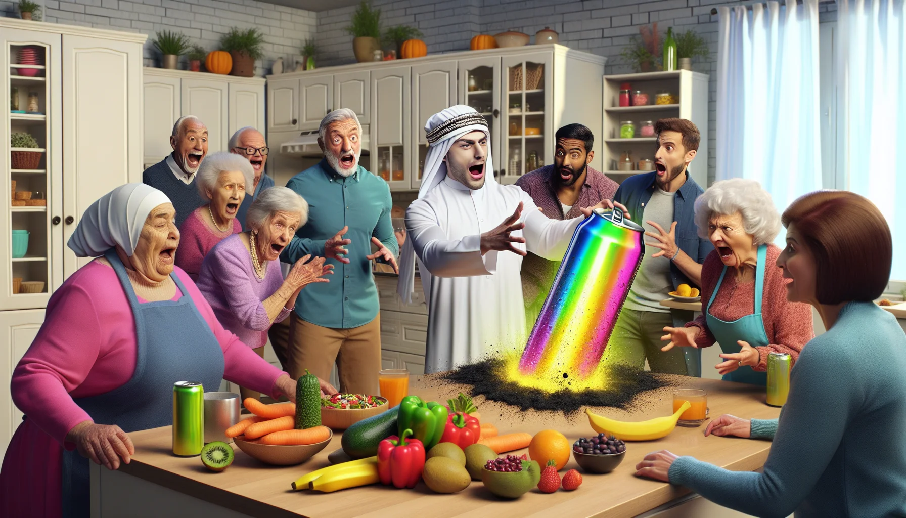 Create a hilarious, hyper-realistic image of an animated scene. The scene is set in a spacious kitchen where a group of elderly individuals of various descents, including Caucasian, South Asian, Black, and Hispanic, are humorously engrossed in a fad diet preparation. Suddenly, one of them, a Middle-Eastern woman, opens a cupboard and a brightly colored energy drink pops out, surprising everyone. The vibrant energy drink is humorously juxtaposed with the natural, healthy food ingredients scattered across the kitchen. The scenario emphasizes the irony of instant energy versus natural sustained nourishment, thus bringing out the humor in the most unexpected scene.