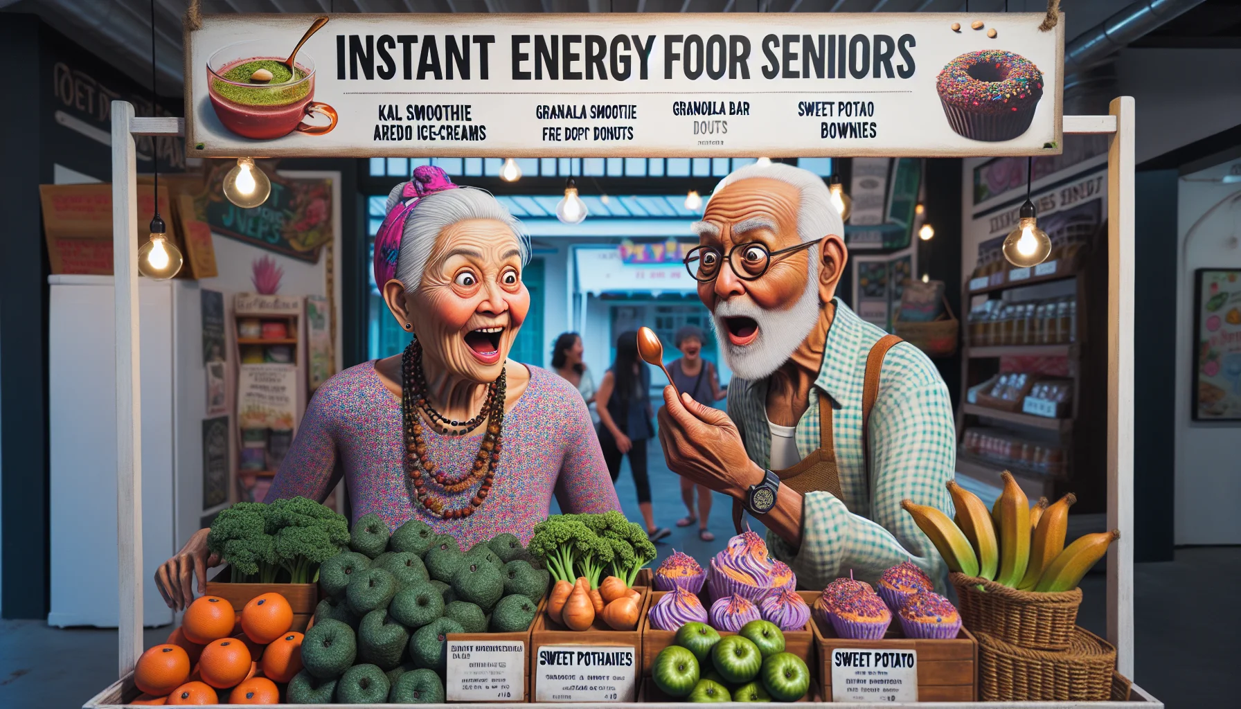 A whimsical, hyper-realistic illustration of an elderly South Asian woman and a Caucasian elderly man in a lively farmer's market. This unique market sells 'Instant Energy Food for Seniors'. Our pair, with surprised and amused expressions, marvel at the unusual foods like kale smoothie ice-creams, granola bar donuts, and sweet potato brownies. The image captures the mixture of humour and the unexpected in everyday life, along with the nuances of maintaining a healthy diet in old age.