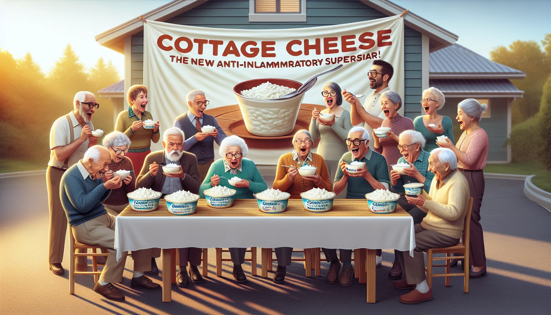 Create a humorous, realistic image showcasing the notion that cottage cheese has anti-inflammatory properties. Contextualize this with a scenario: it's a sunny afternoon at a retirement lifestyle center where elderly individuals of various descents like Hispanic, Caucasian, and South Asian are gathered for a 'Healthy Eating Club' meeting. Each elder is humorously engaging with their bowls of cottage cheese in various ways. Some are surprisingly examining it with reading glasses, while others are joking and laughing at their new diet. Display a banner behind with the words 'Cottage Cheese: the new anti-inflammatory superstar.'