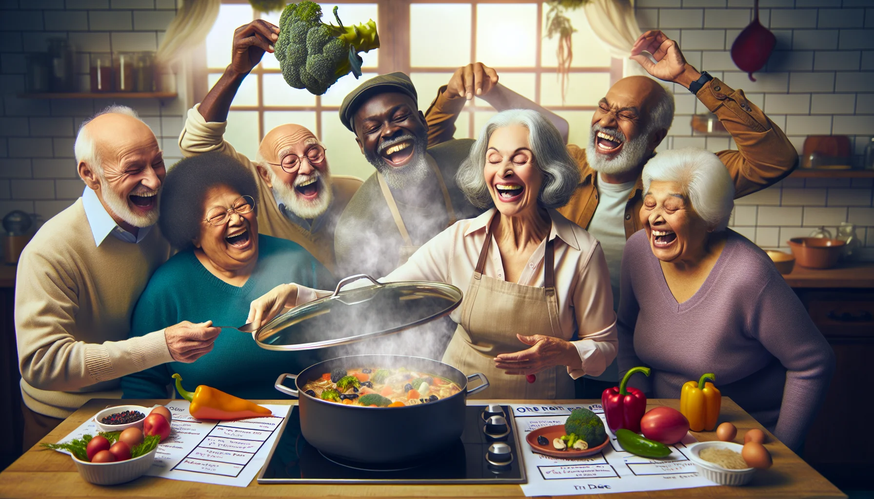 Conjure an amusing realistic scene highlighting one pot recipes. Picture this: A group of playful seniors from diverse descents like Black, Hispanic, and Middle-Eastern, are gathered in a brightly lit, warm kitchen. A Caucasian elderly woman, with a mischievous sparkle in her eyes, is lifting the lid of a big pot, revealing a colorful, healthful dish. Steam is swirling upward, causing an array of expressions from anticipation to restrained excitement on everyone's faces. They have meal plans and diet charts with humorous comments written on them. An elderly South Asian man is laughing heartily as he adds a broccoli to his plate.