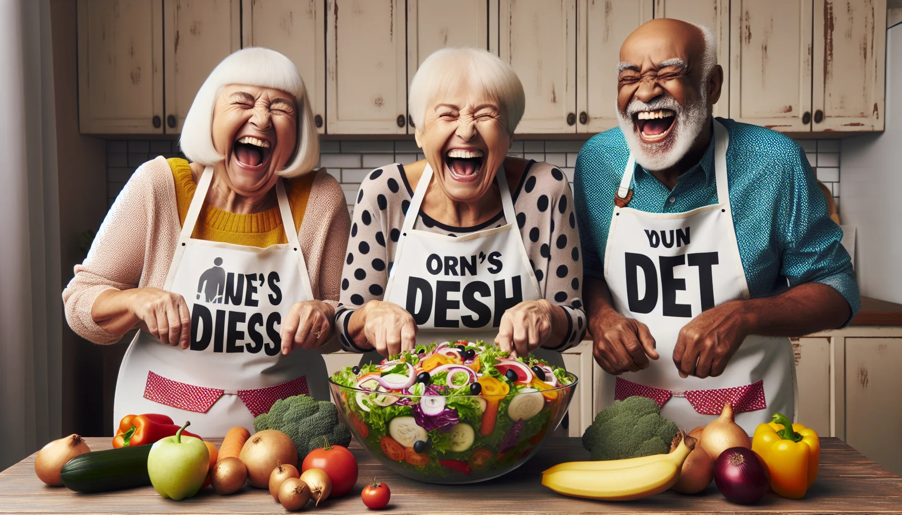 A humorous scene centred in a one-dish kitchen. There are three elderly individuals of diverse descent: a Caucasian woman, a Hispanic man, and a Black woman, all laughing heartily while preparing a massive, colorful salad. Each is wearing fun, novelty aprons with well-known diet slogans twisted into humorous puns. Spread across the small kitchen table are all sorts of fresh, vibrant vegetables and fruits. Their grinning expressions and playful energy create a feeling of light-heartedness about their pursuit of health and vitality.