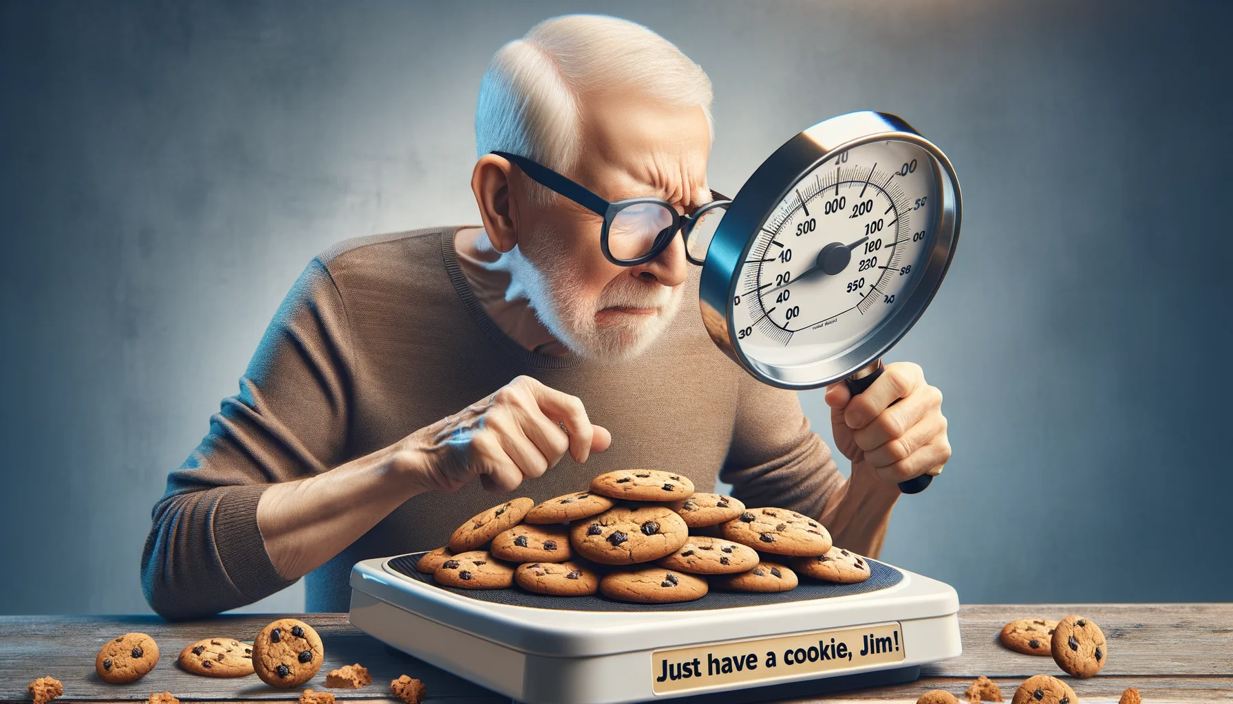 Create a humorous, realistic scene featuring a retired Caucasian male dieter trying to read the microscopic nutrition facts on a pack of cookies with a giant magnifying glass. As an extra touch of humor, the scale in the corner reads 'Just have a cookie, Jim!'. Let's have a laugh, but treat our elderly character with respect, focusing on the light-hearted humor that comes with the struggles of dieting and aging.