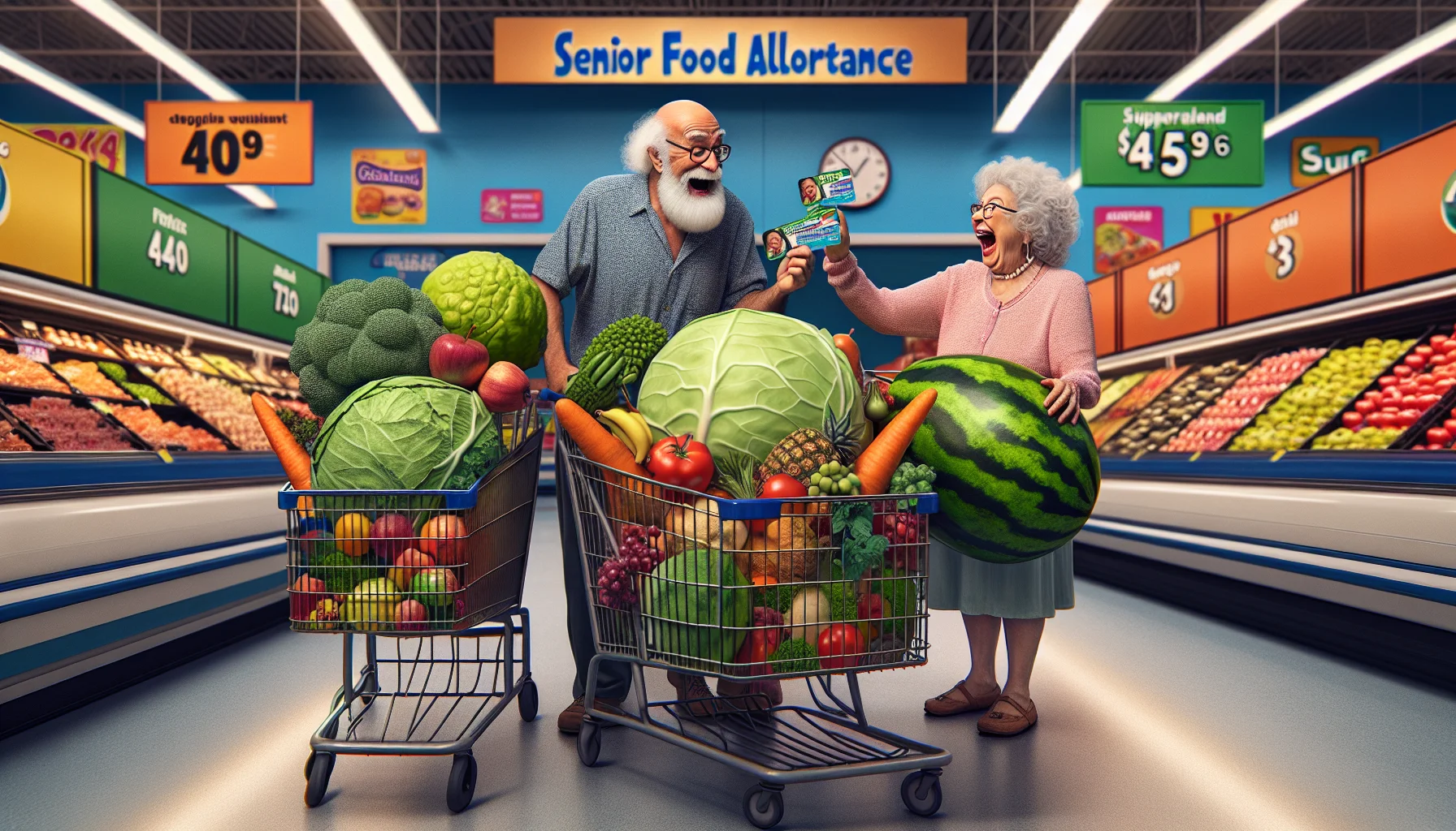 Create a humorously realistic image capturing a scene at a supermarket. A senior Caucasian gentleman and an elderly Hispanic lady are comparing their 'Senior Food Allowance' cards near the produce section in excitement. Their shopping carts are filled with a bizarre mishmash of healthy foods, fruits, vegetables, and quirky diet items like gigantic cabbages, abnormally large carrots, and mini watermelons. Emphasize bright colors and laughter to highlight the funny aspects of their dietary routines.