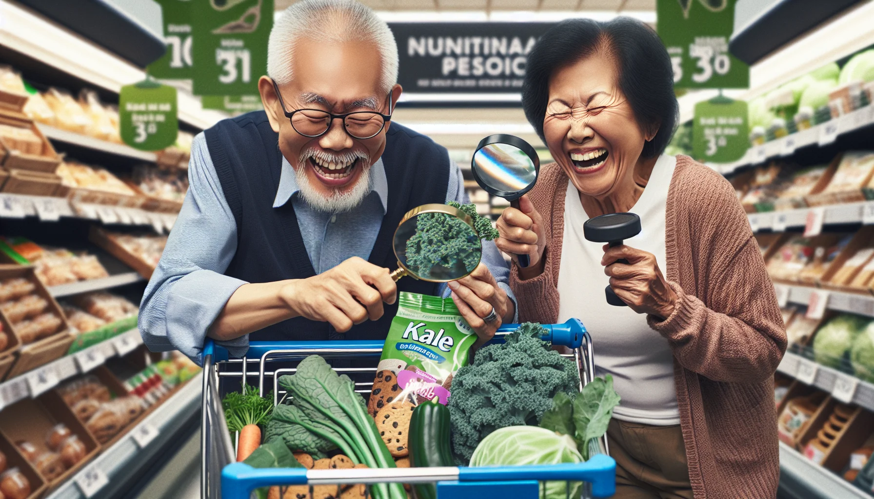 Craft an amusing, realistic scene in a grocery store. The highlight of the image is a senior citizen promotion. Imagine an elderly Asian man with a shopping cart overflowing with various green vegetables, scrutinising the nutritional information on a kale package with a magnifying glass. Next to him, an elderly Black woman laughs heartily, holding a packet of cookies in one hand and a gym dumbbell in the other. Their expressions and the surrounding environment subtly emphasises the humor and irony of seniors, diets, and healthy eating.