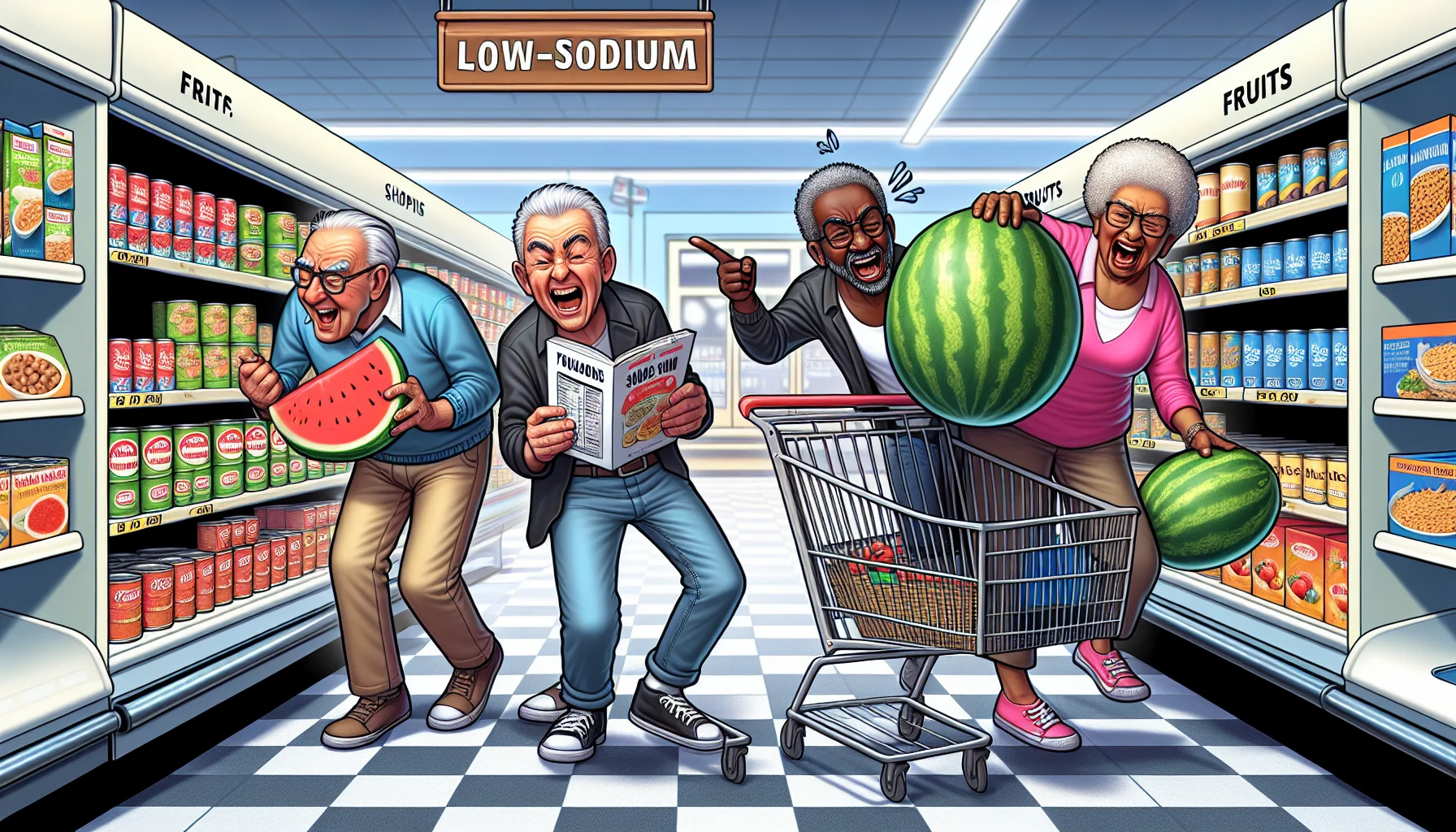 Imagine an amusing scenario taking place at a supermarket. A spirited elderly Caucasian man is scrutinizing labels on various cans in the low-sodium foods aisle, tending to his diet. Beside him, a lively elderly Hispanic woman is wrestling with a particularly hefty watermelon while comparing it to the 'fruits' section on her low-sodium shopping list. At the same time, an energetic elderly Black woman is having a laugh-filled debate with a determined elderly South Asian man over which brand of whole-grain cereal is healthier, both holding up their respective boxes. A humorous emphasis on the challenges and joys of maintaining a low-sodium diet in old age is prominent.