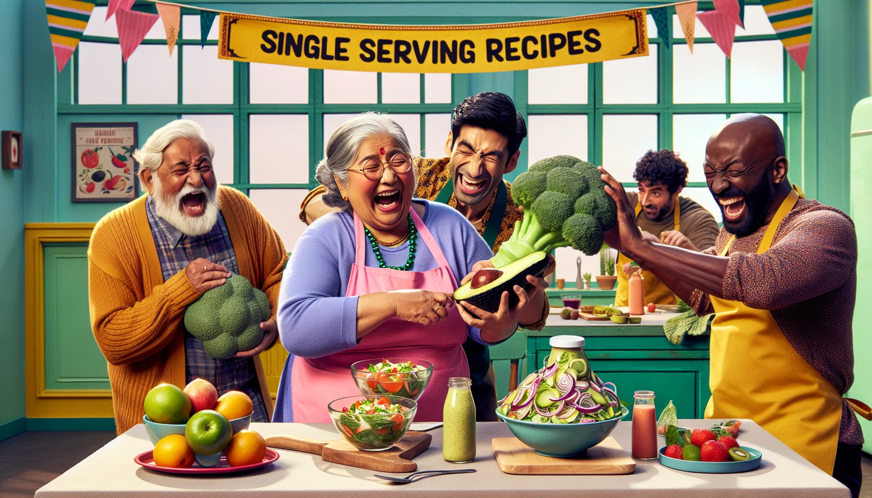 Visualize a humorous and realistic scenario prominently featuring healthy single serving recipes. In the centre, an elderly South Asian woman, brimming with fervour, details the ingredients of a vibrant salad she has concocted. To her left, an older Caucasian man is struggling to hold an oversized avocado, eliciting laughter from a Middle-Eastern woman who is preparing a smoothie from an array of colourful fruits. In the background, a Black man is humorously wrestling with a large head of broccoli. All of them are wearing bright aprons, the set is decorated in cheerful, pastel colours, and a banner that says 'Single Serving Recipes' hangs overhead.