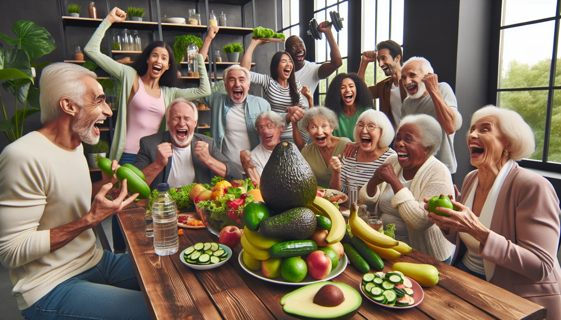 Imagine a humorous scene at a friendly social gathering for senior citizens. They're sitting around a large wooden table piled high with mouth-watering, vitamin-rich foods known for improving skin elasticity. You see a jovial Black woman, exclaiming delight over a giant avocado half, and a playful South Asian man comically pretending to lift weights with cucumbers. A laughter-filled Caucasian woman is mock-threatened with a bunch of bananas by a cheerful Middle-Eastern man, while a group of friends of various descents watch on in amused astonishment, all having a great time. Healthy fruits, greens, and water are plenty on the table.