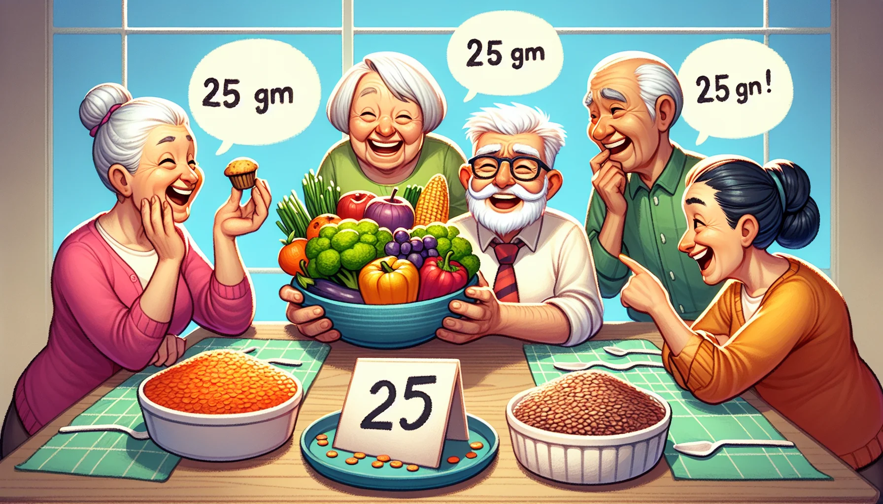 Illustrate an amusing scene where a group of senior citizens are comparing 25 grams of fiber in their respective diets. An elderly Caucasian woman proudly displays a large bowl of brightly colored fruits and vegetables. An elderly Hispanic man shows off a plate of whole grain breads and cereals, while a South Asian woman chuckles with a pot full of lentils. In contrast, a Middle-Eastern gentleman humorously holds a tiny bran muffin, quipping about his simpler approach to healthy eating. Highlight the hilarity and jovial friendship between the elderly people sharing their healthy lifestyle.