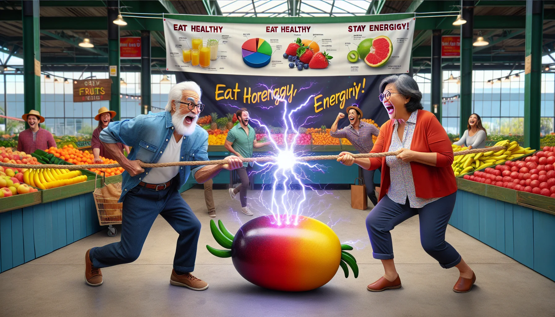 Imagine a humorous realistic scenario in a bustling farmers' market. Two elderly individuals of different descents, one South Asian man and one Hispanic woman, both active and lively, are engaging in a playful tug-of-war over a humongous, brightly-coloured energy fruit. Their laughter is infectious, drawing the attention of other shoppers. Behind them, a colourful diagram chart showing the benefits of fruits and a banner that reads 'Eat Healthy, Stay Energetic!' add to the amusing context. The energy fruit is sparking and bursting with light, like a battery, highlighting the theme of energy-boosting properties.