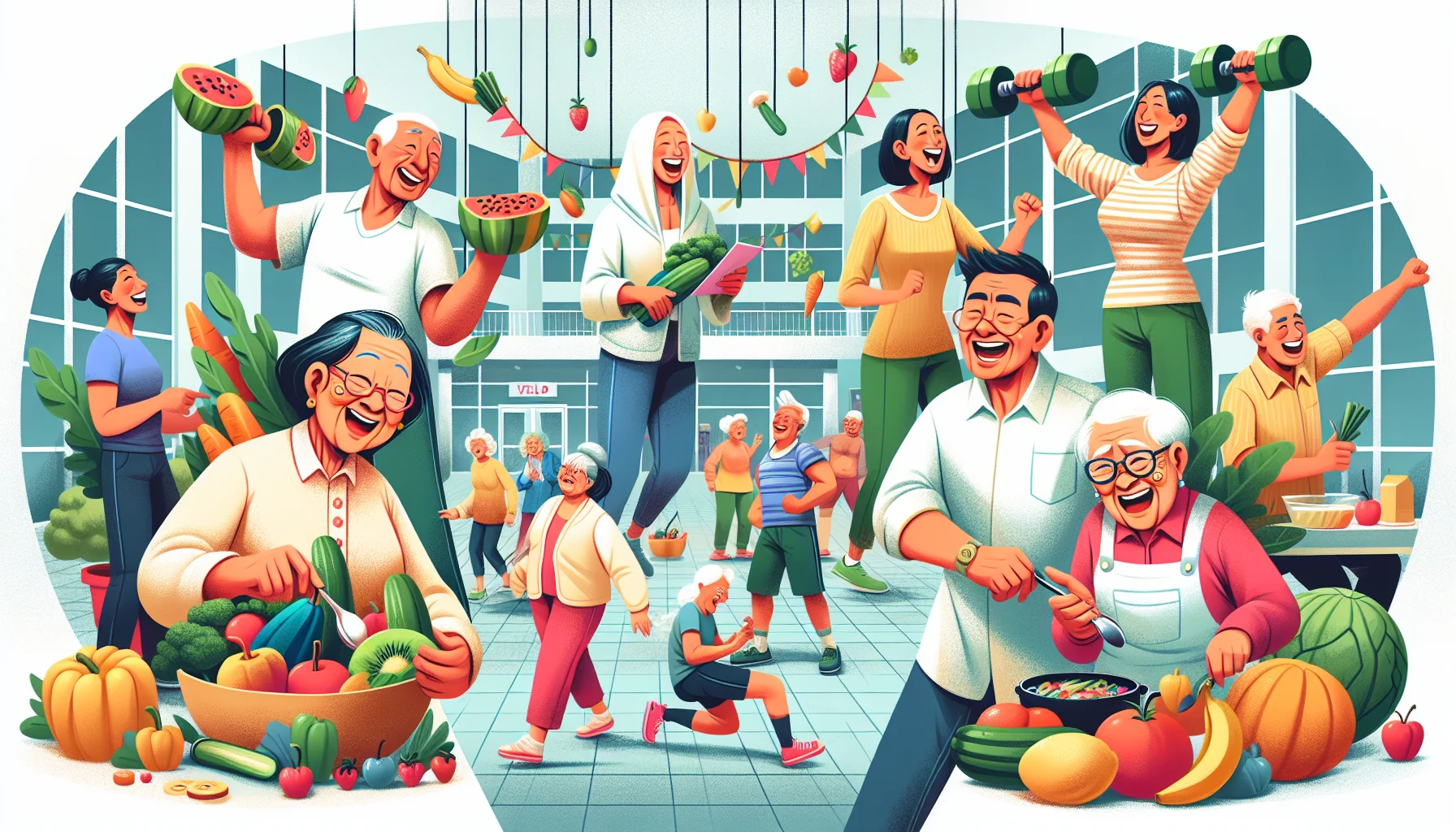 Imagine an amusing scene of elderly people who are dedicated to a nutritious diet for healthier skin. In a bustling community center, an elder Asian woman energetically shares the benefits of vitamins for crepey skin with her peers. In one corner, a couple, a Black man and a Hispanic woman, are chuckling while pretending to lift dumbbells made of large vegetables. Nearby, a lively Middle-Eastern man is cooking up a storm using colourful fruits and veggies, while a South Asian woman is comically following a recipe from a suspension bridge of eyeglasses. The image conveys the humor, vitality, and dedication of these older folks towards better skin health.