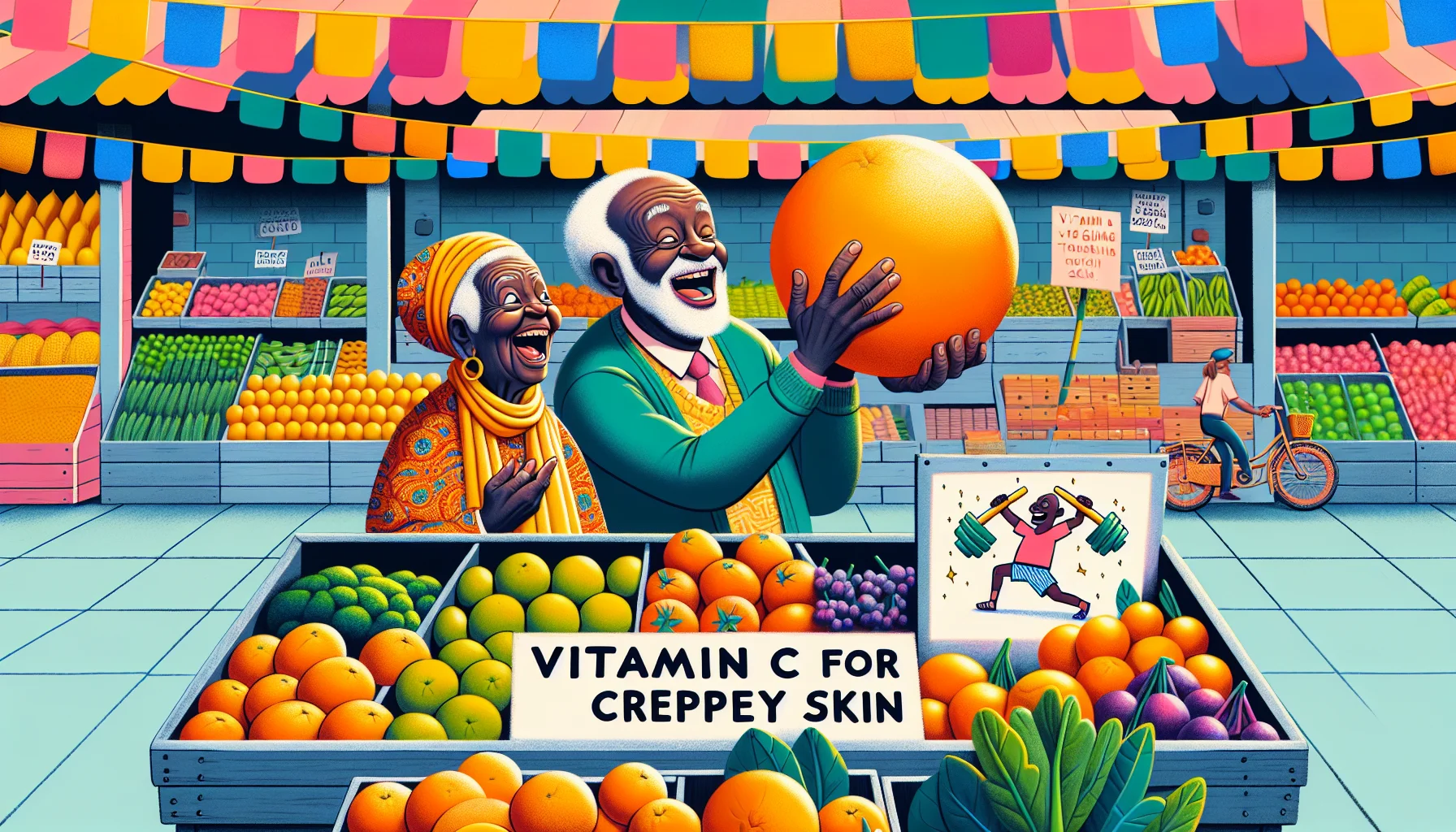 Illustrate a humorous yet realistic situation where an elderly Caucasian man and a Black woman, both full of life, are at a healthy food market. They're humorously inspecting fruits and vegetables, expressing exaggerated surprise and joy. They are reading a sign on a stall that advertises 'Vitamin C for crepey skin' with a cartoon drawing of an orange lifting weights. They are playfully exchanging an enormous, vibrant orange, chuckling about its benefits for their skin. Further background depicts an array of stalls filled with colorful fresh produce.