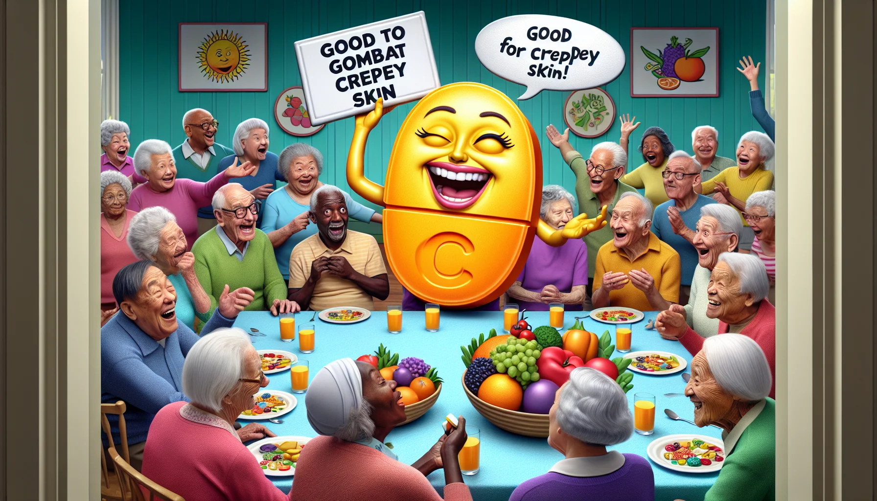An amusing image depicting a humorous scenario featuring elderly individuals, diets, and healthy eating. The scene takes place in a vibrant communal dining space filled with gregarious senior citizens from diverse backgrounds - African, Asian, Caucasian, Middle-Eastern, and Hispanic. A joyful elderly South Asian woman announces to her friends that she's found the secret to combat crepey skin, unveiling a large, luminary caricature of a Vitamin C tablet in her hand. The caricature, with a big, cartoonish smile, holds a sign that reads 'Good for Crepey Skin'. The residents laugh heartily, some showing surprise, and others depicting interest. They're surrounded by plates filled with colorful fruits and vegetables, indicative of a healthy diet.